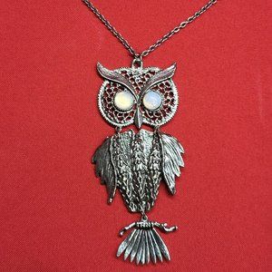 Vintage Horned Faux Opal Eyes Large Owl Necklace